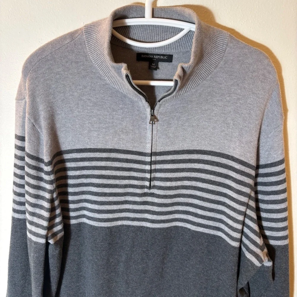 Banana Republic Mens Gray Striped 1/4 Zip Cotton Sweater Size Medium‎